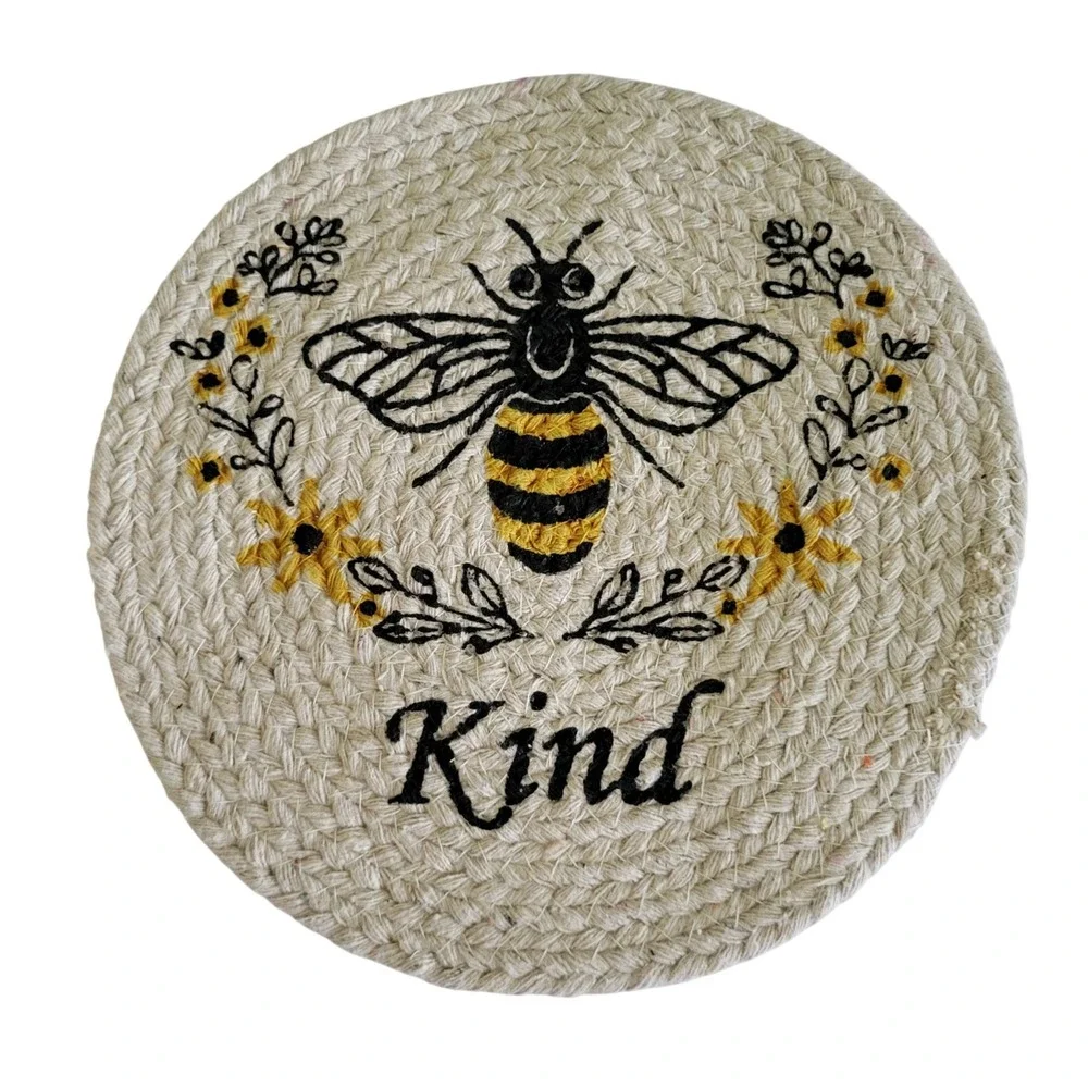 Bee Kind Braided Jute Trivet Round Embroidered Honey Bee Floral Hot‎ Pad 9 Inch
